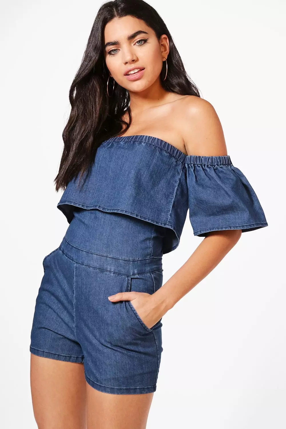 Off the shoulder jean romper hotsell